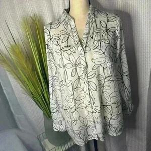 Cynthia Rowley Linen Floral Print White/Black Women's M Roll Up Sleeve Blouse